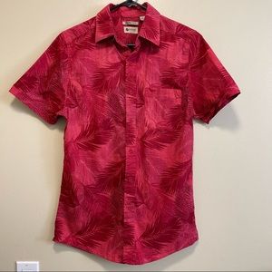 Haggar Leaf Print Red Casual Button Down Shirt